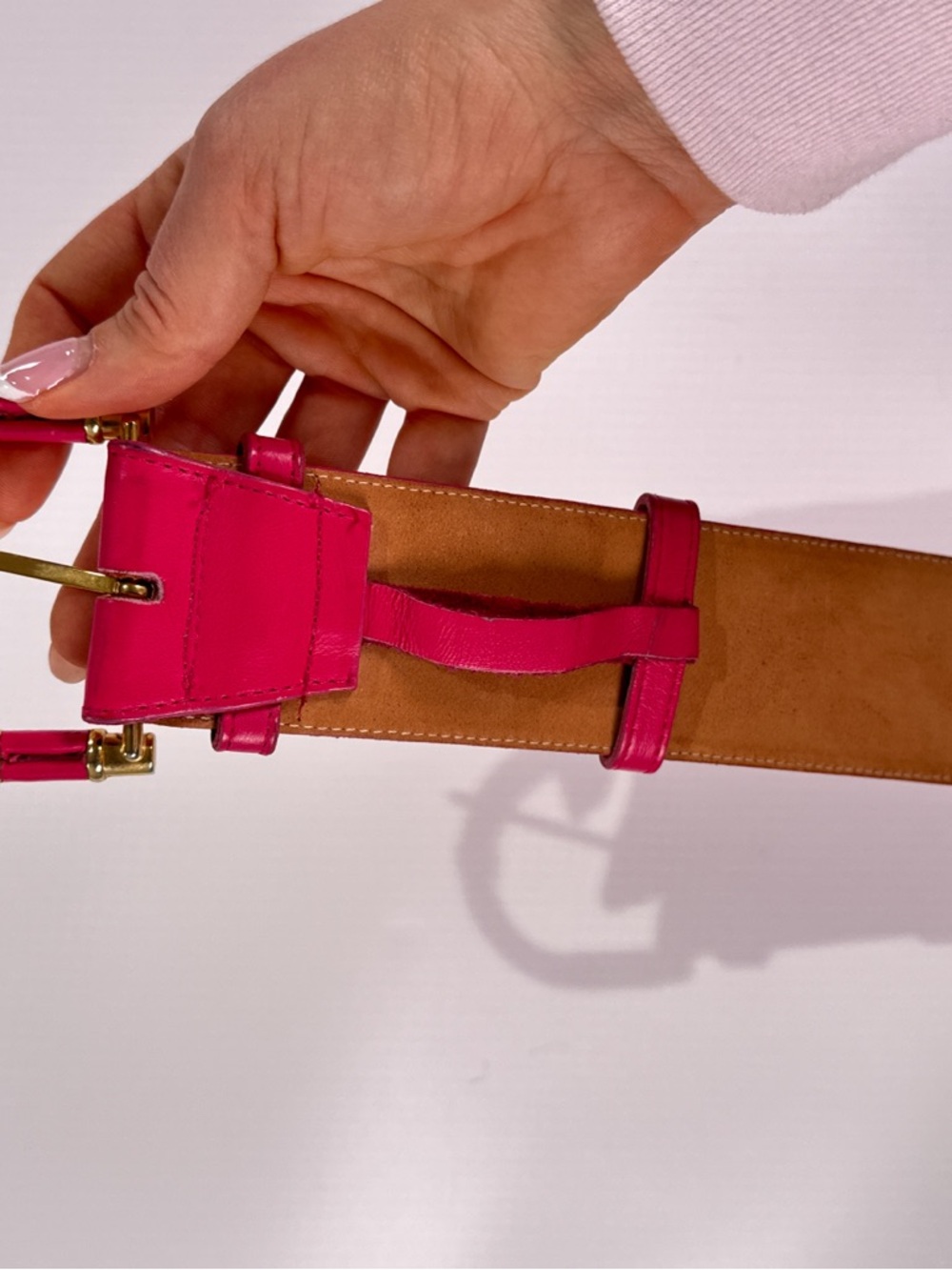 Ginnie Johansen Pink Leather Architectural Buckle Belt S - Picture 10 of 12